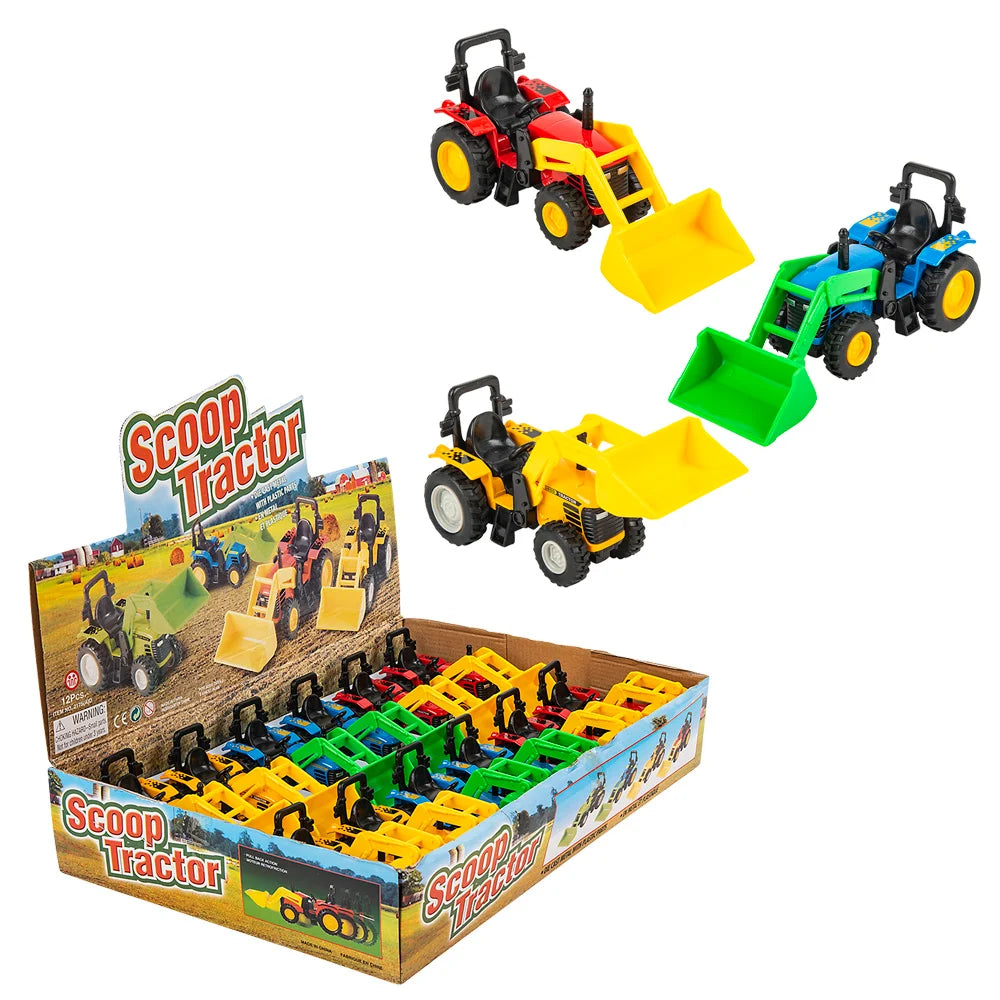 Die Cast Pull Back Scoop Tractor 6"