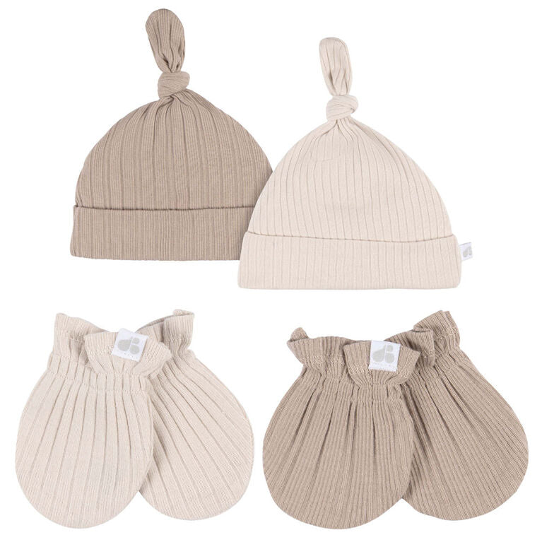 Just Born Tan 4 Piece Hat & Mitten Set 0-6 Months