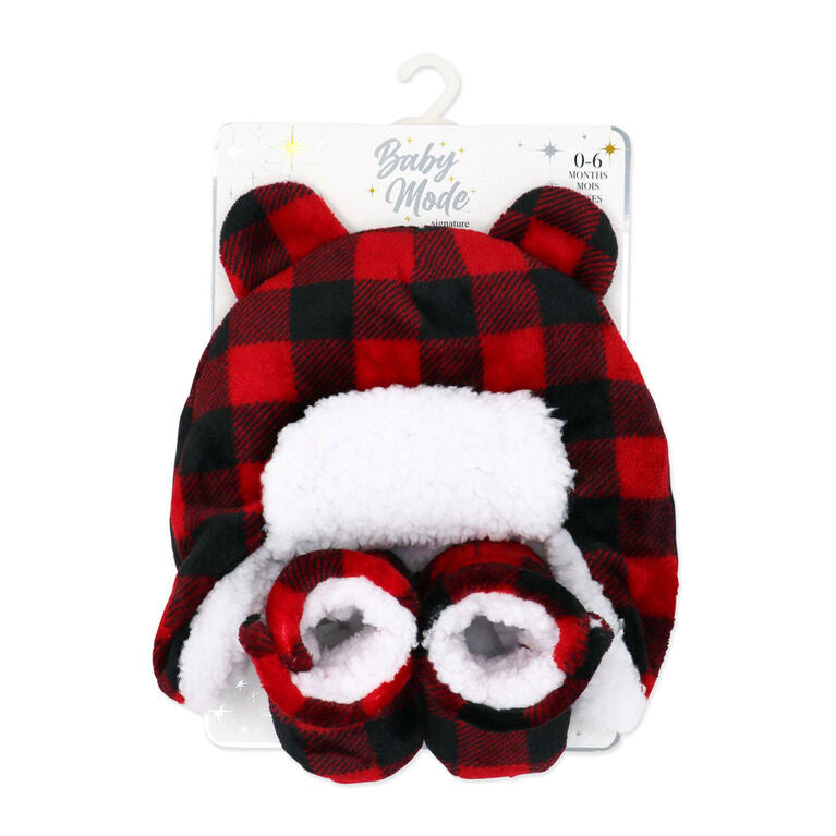 Baby Mode Buffalo Plaid Hunters Cap With Booties 0-6 Months