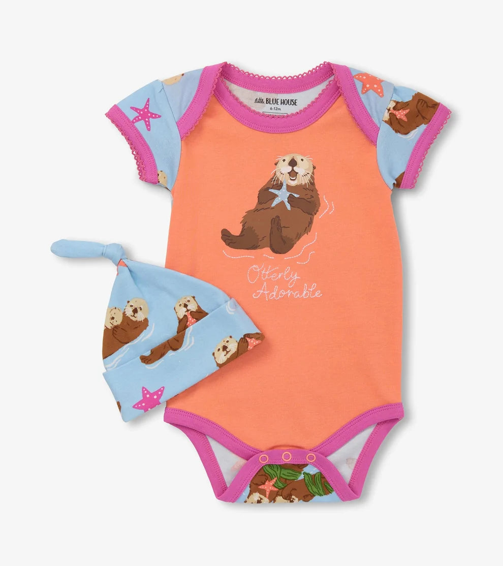 Happy Otters Baby Bodysuit w/ Hat 🍁 Little Blue House