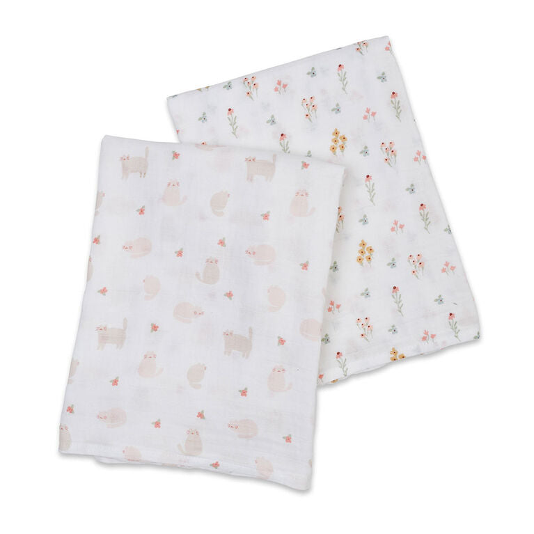 Lulujo Kitty & Flower 2 Pack Muslin Swaddles