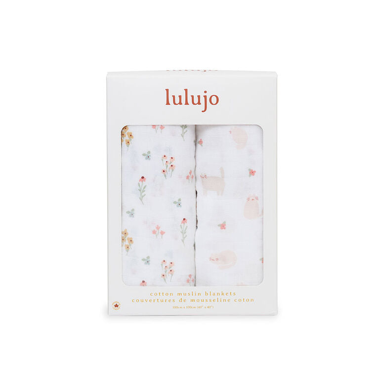 Lulujo Kitty & Flower 2 Pack Muslin Swaddles