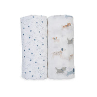 Lulujo Puppy & Stars 2 Pack Cotton Muslin Swaddle Blankets