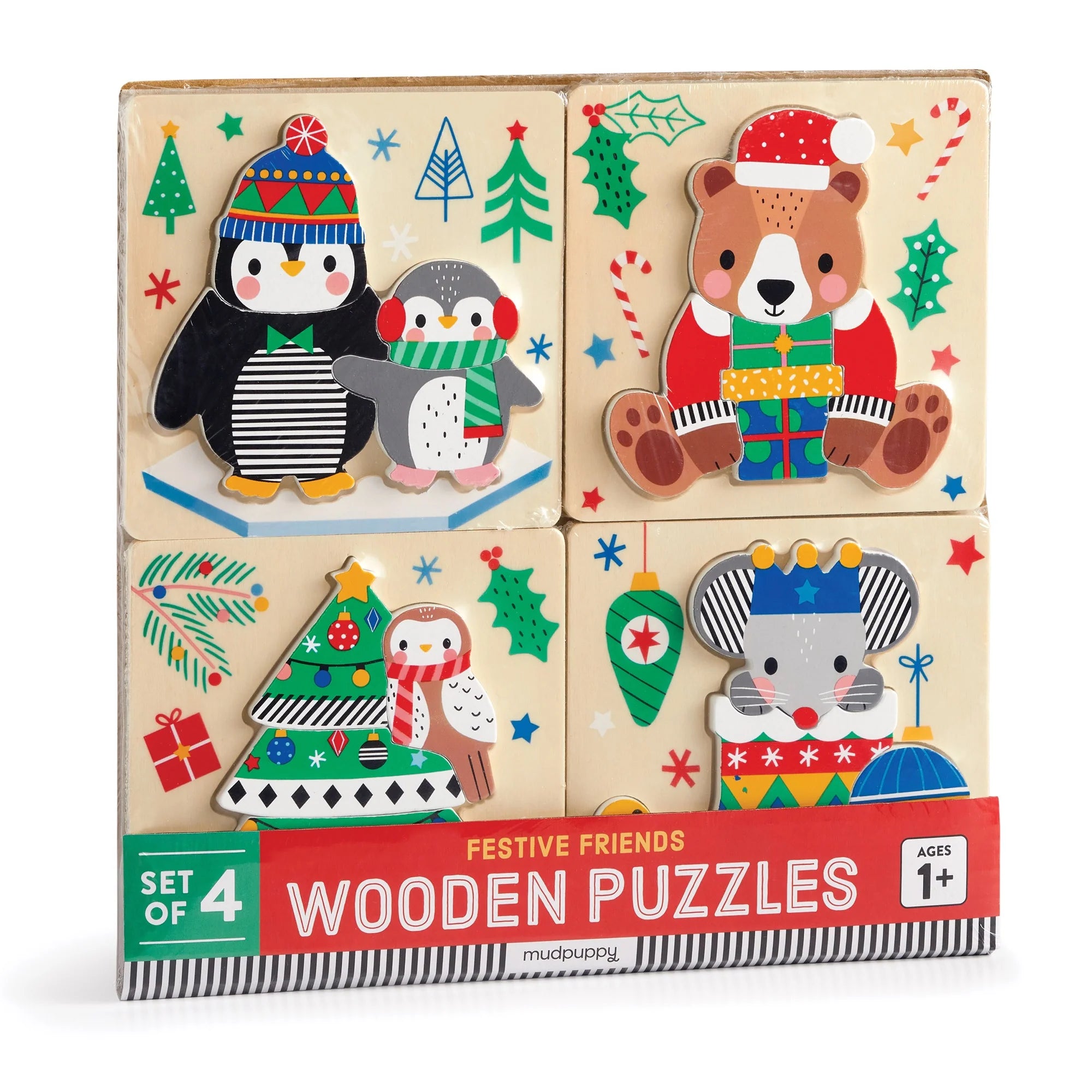 Mudpuppy Festive Friends Set Of 4  Wooden Puzzle