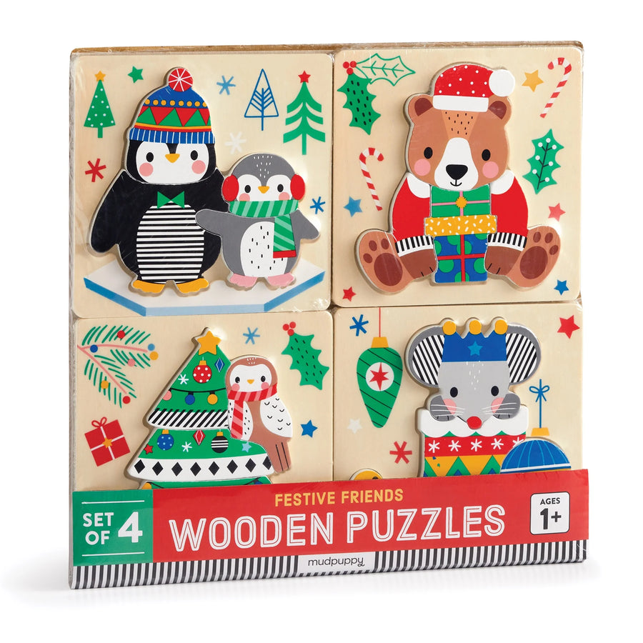 Mudpuppy Festive Friends Set Of 4  Wooden Puzzle