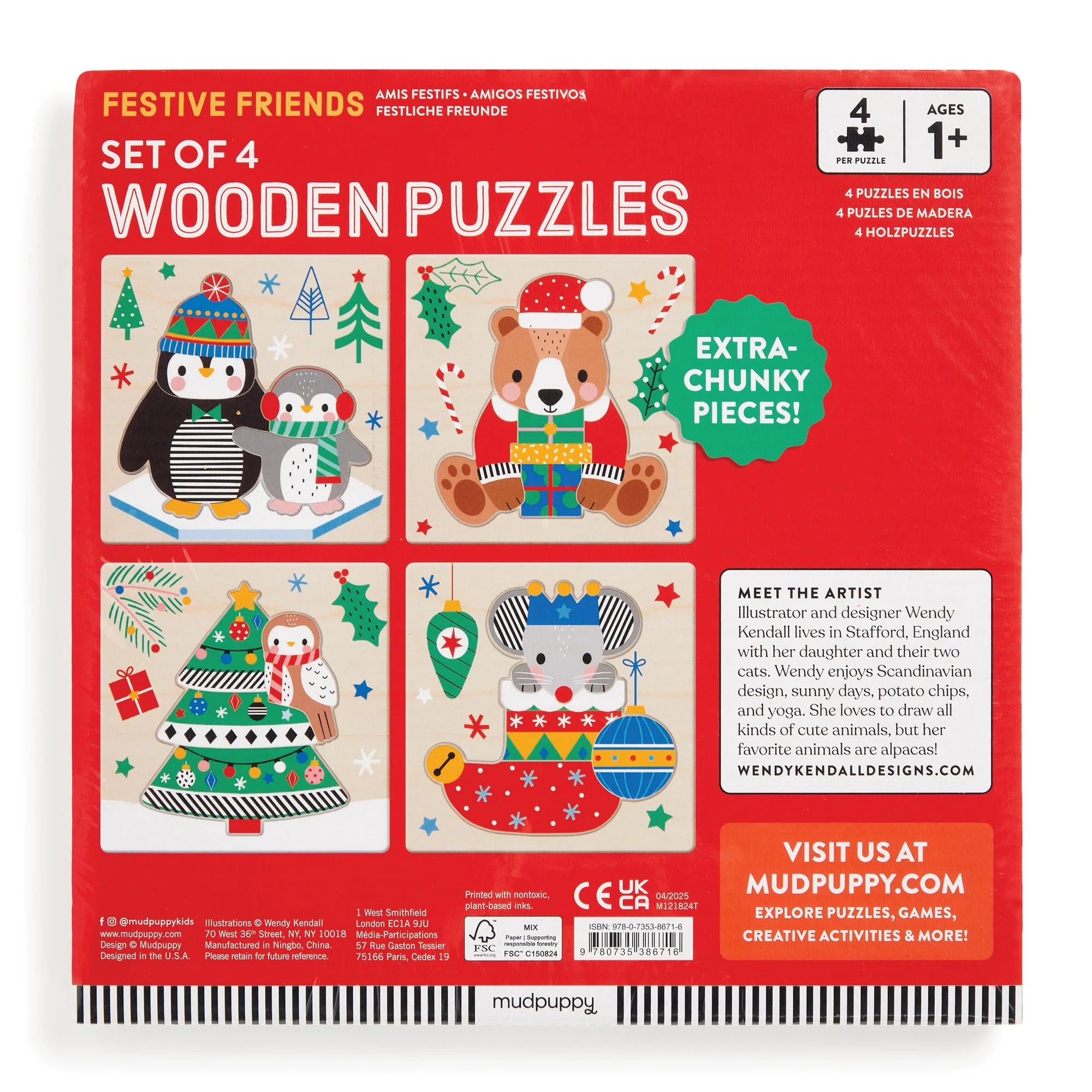 Mudpuppy Festive Friends Set Of 4  Wooden Puzzle