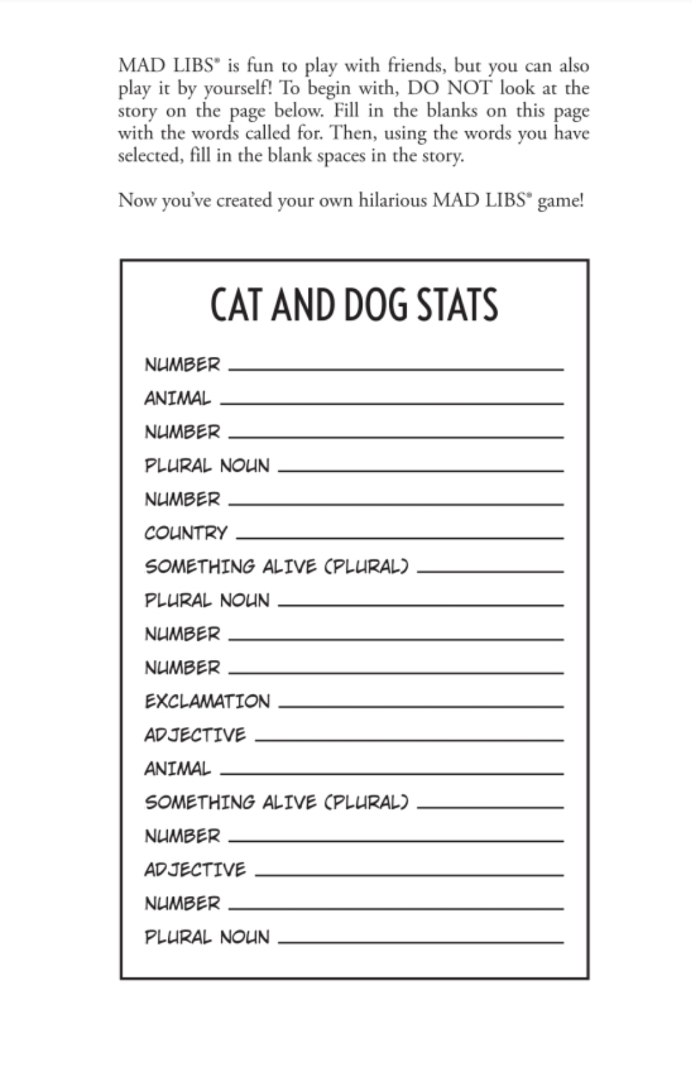 Mad Libs Cats vs Dogs