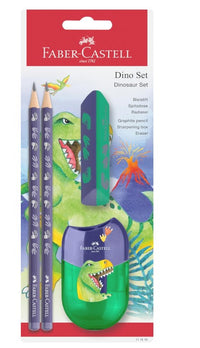 Faber-Castell Dinosaur graphite pencil set, pink, blister card of 2 pencils HB, 1 eraser, twin sharpening box