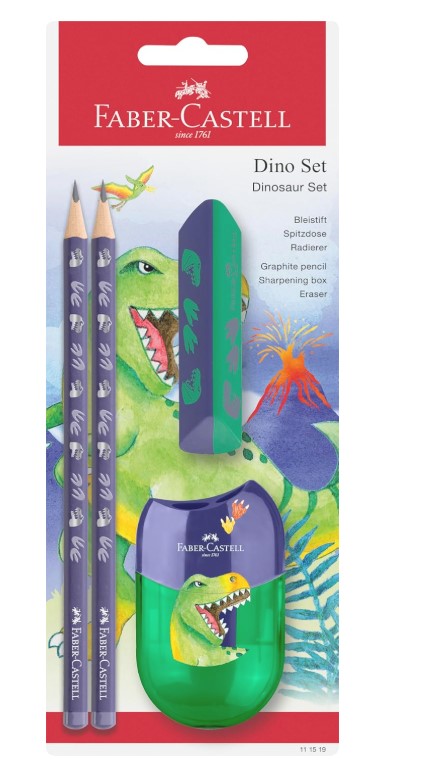 Faber-Castell Dinosaur graphite pencil set, pink, blister card of 2 pencils HB, 1 eraser, twin sharpening box
