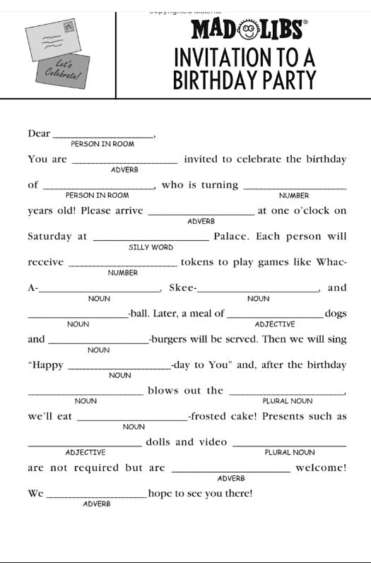 Happy Birthday Mad Libs