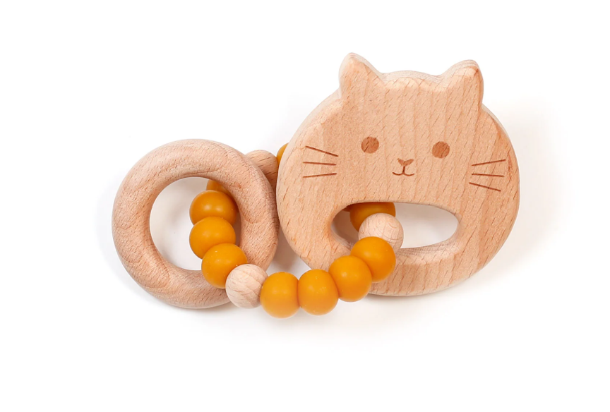 Bulle Cat Dijon Yellow Mini Wood Rattle